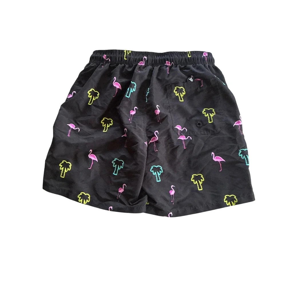 Worldwide Surf Rider Mens Medium Black Neon Flamingo Palm Tree Swim Trunks Short